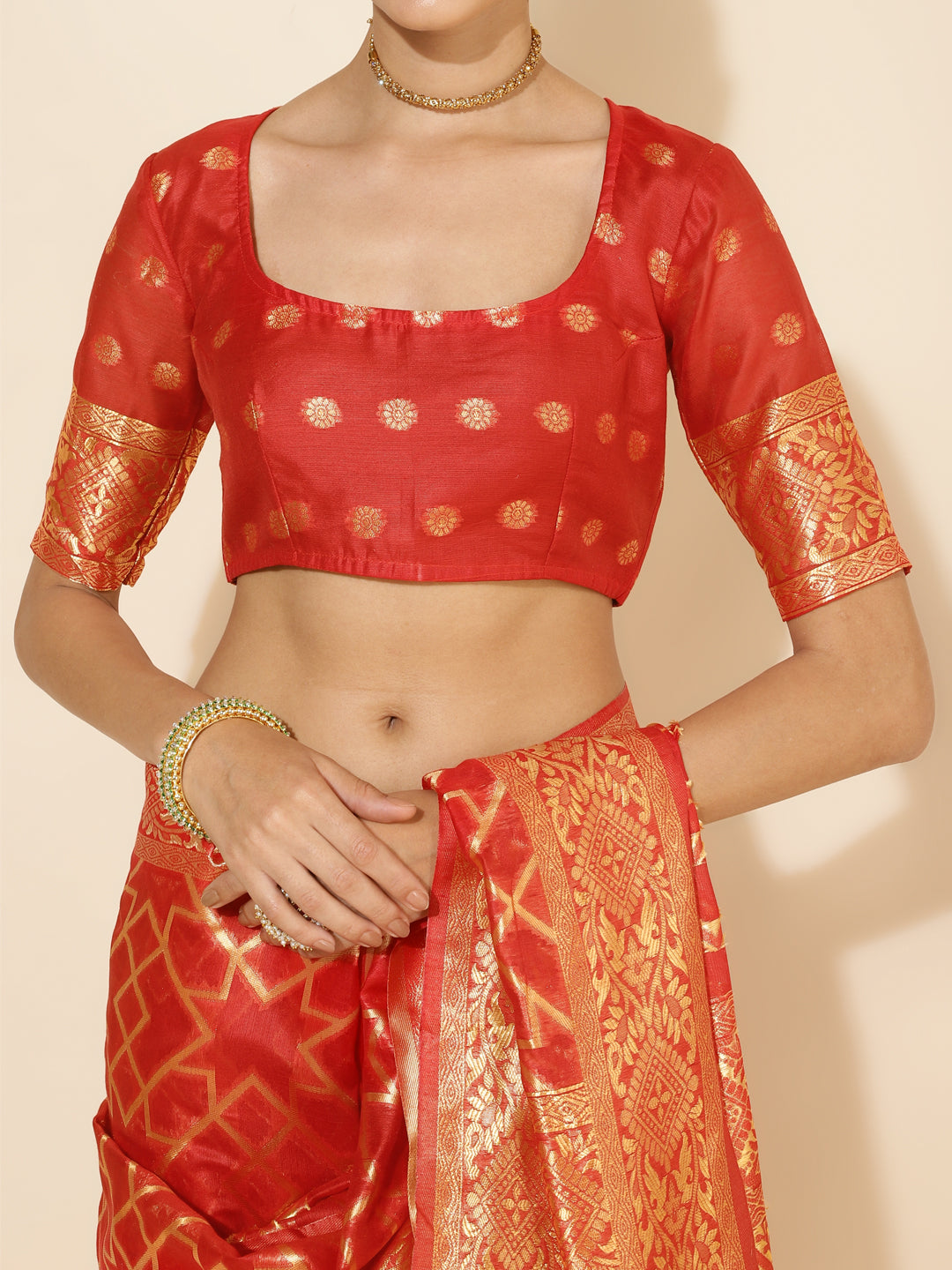 Janasya Red Chanderi Silk Woven Geometric Chanderi Silk Saree | Swadesiicart