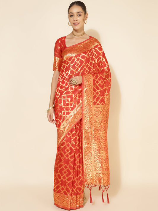 Janasya Red Chanderi Silk Woven Geometric Chanderi Silk Saree | Swadesiicart