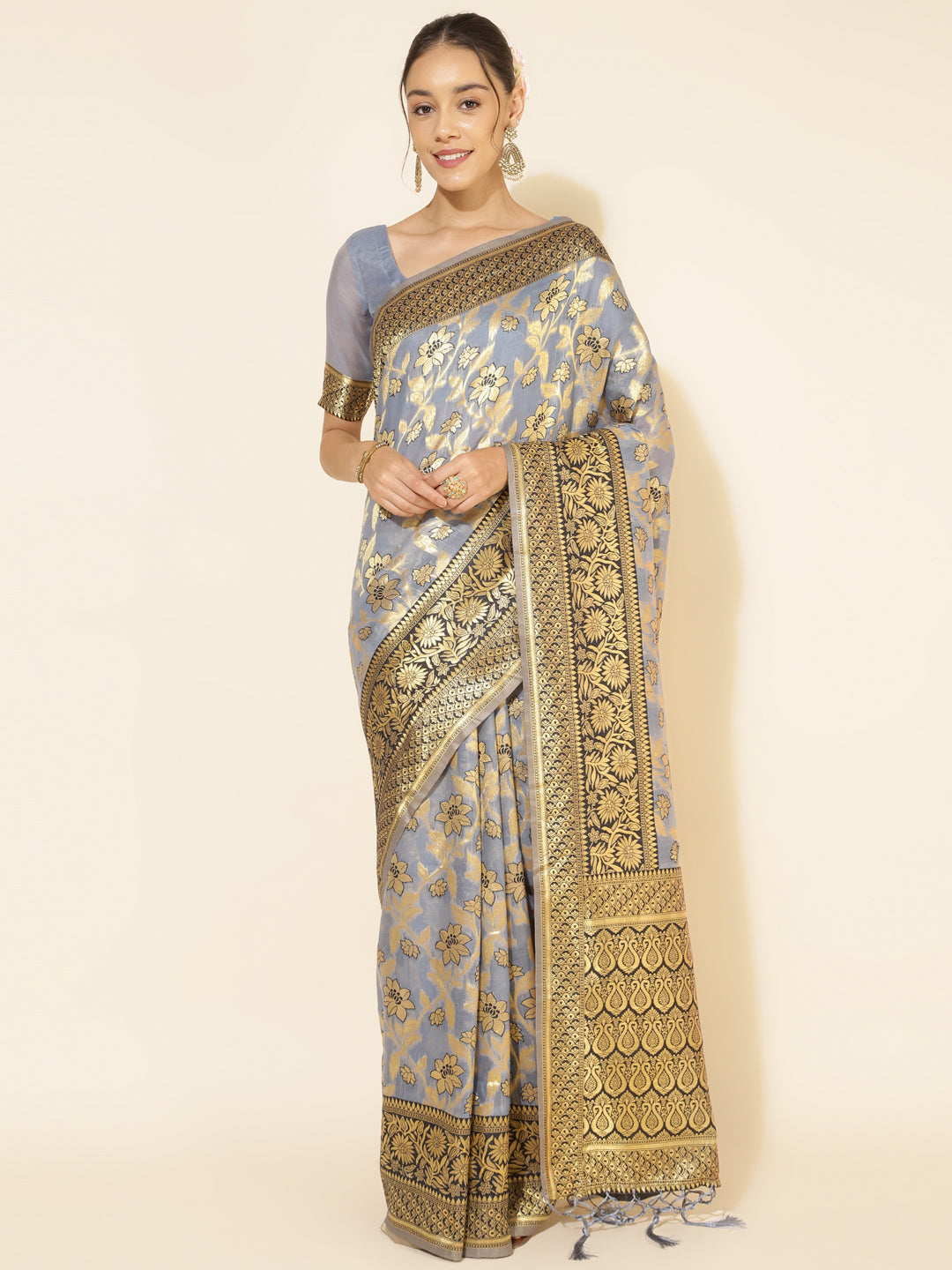 Janasya Grey Chanderi Silk Floral Woven Design Saree | Swadesiicart