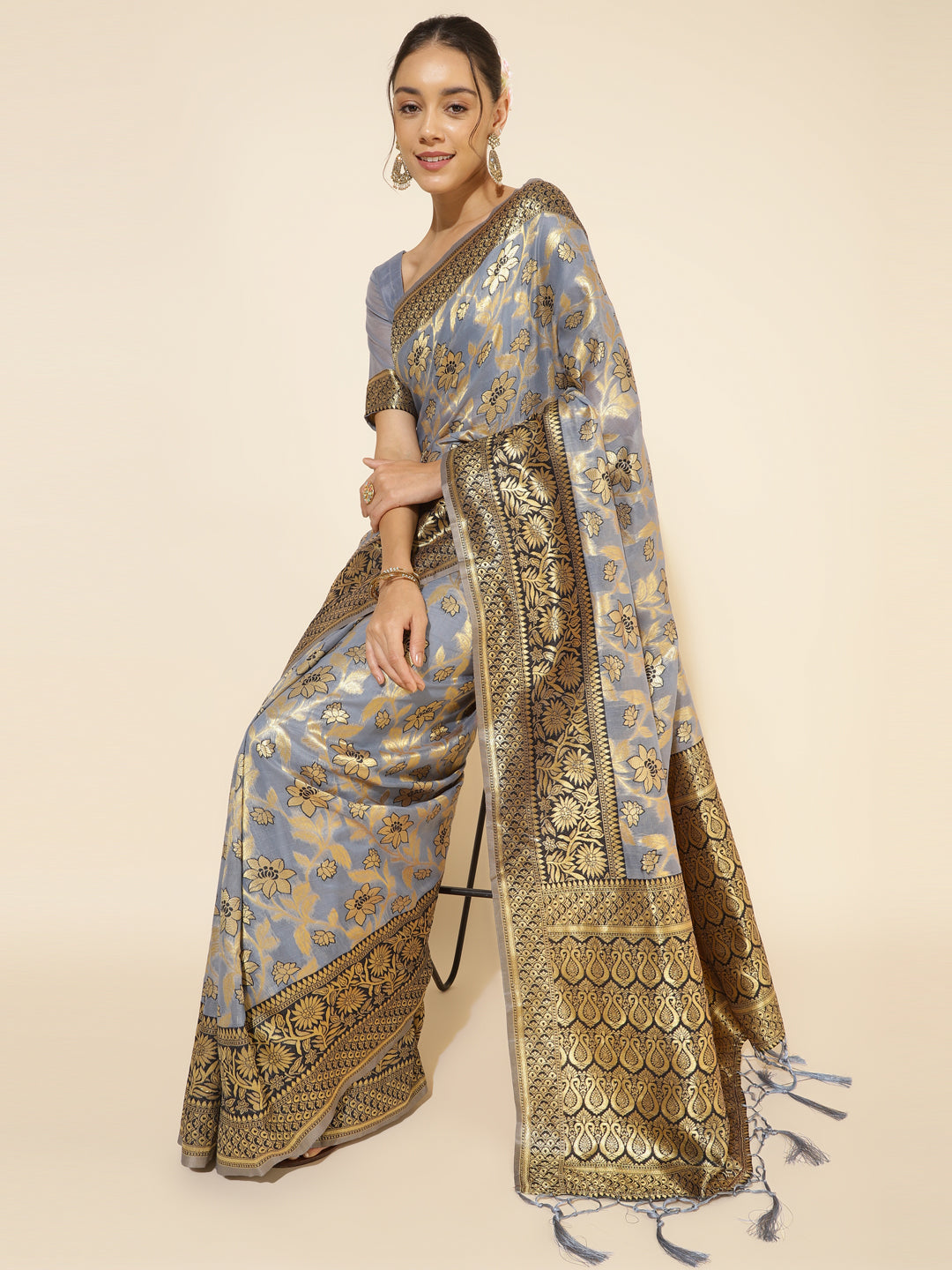 Janasya Grey Chanderi Silk Floral Woven Design Saree | Swadesiicart