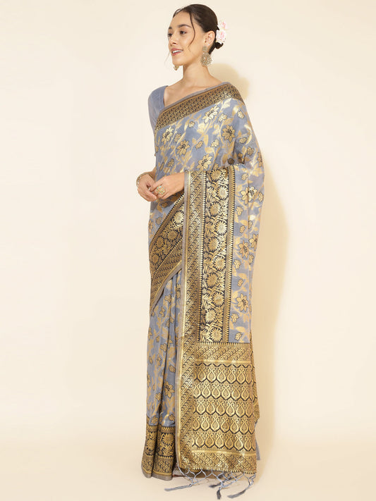 Janasya Grey Chanderi Silk Floral Woven Design Saree | Swadesiicart
