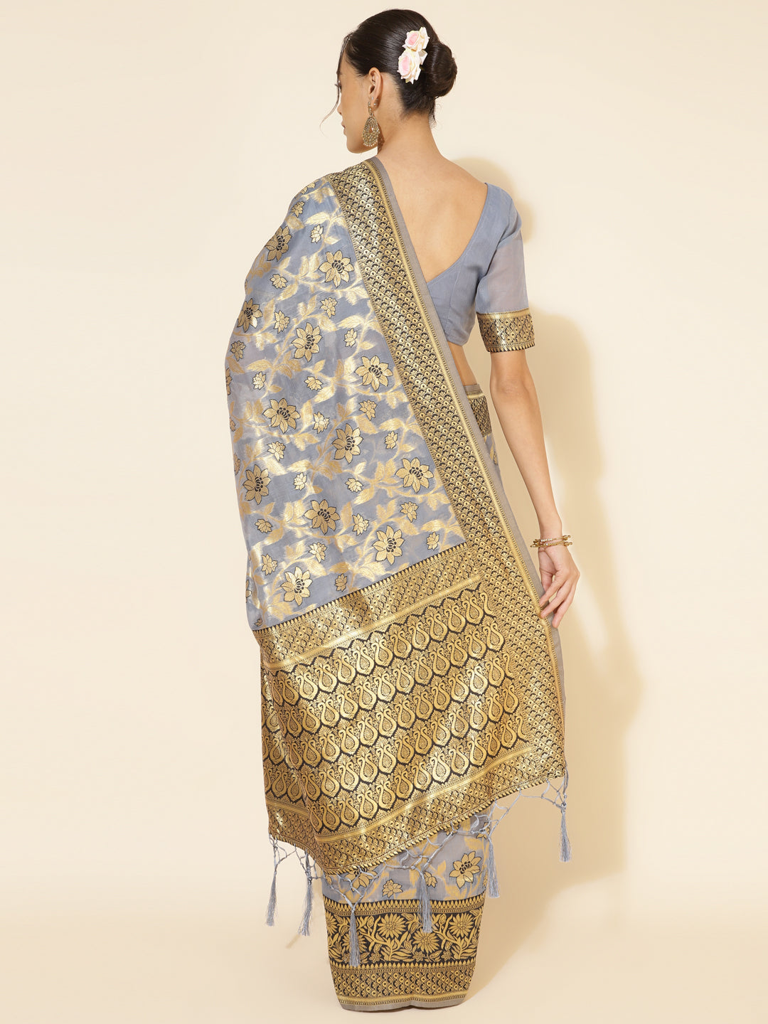 Janasya Grey Chanderi Silk Floral Woven Design Saree | Swadesiicart