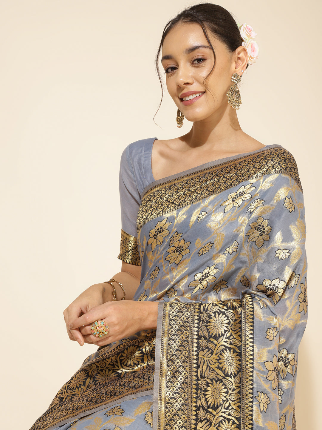 Janasya Grey Chanderi Silk Floral Woven Design Saree | Swadesiicart