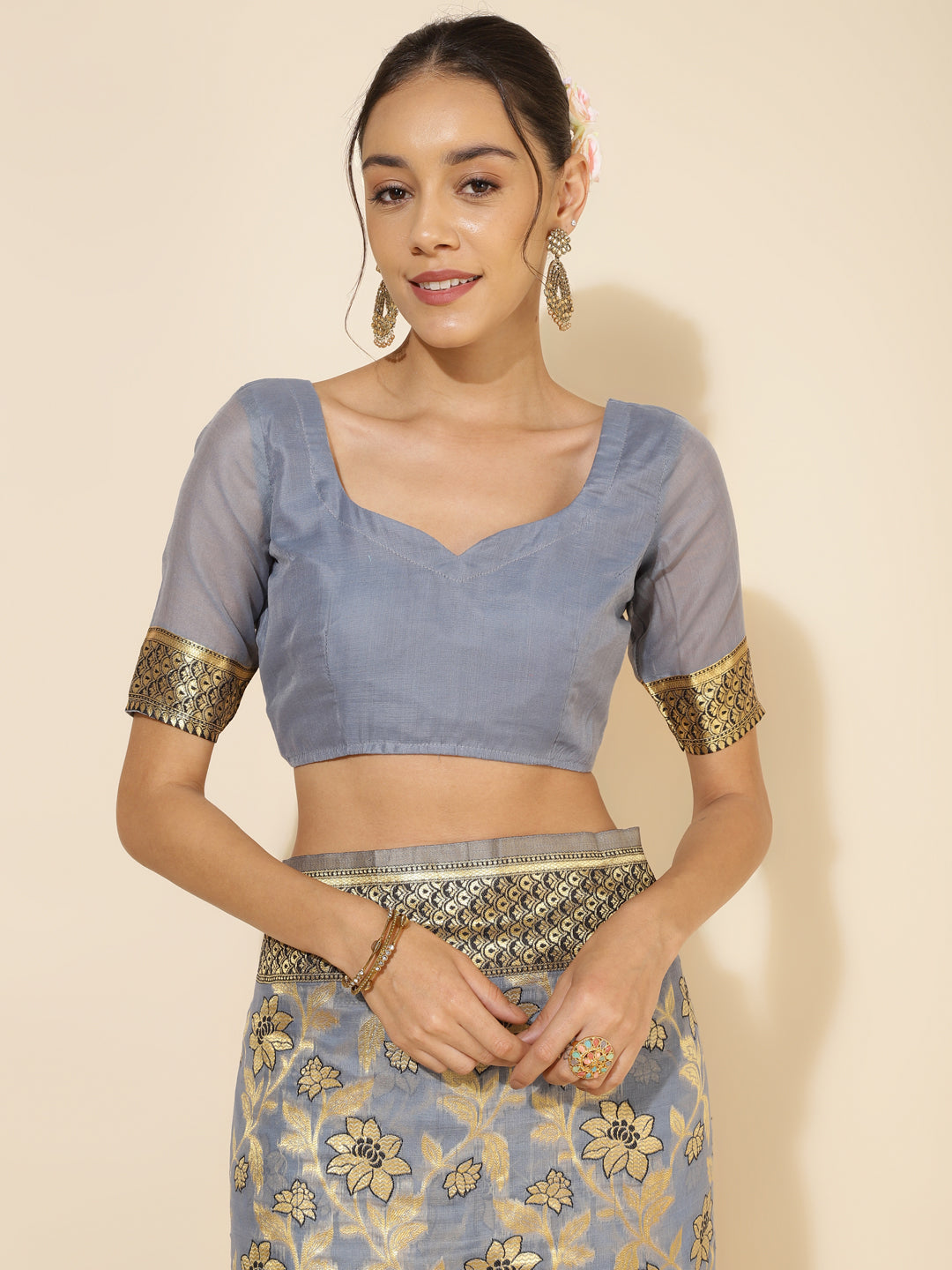 Janasya Grey Chanderi Silk Floral Woven Design Saree | Swadesiicart