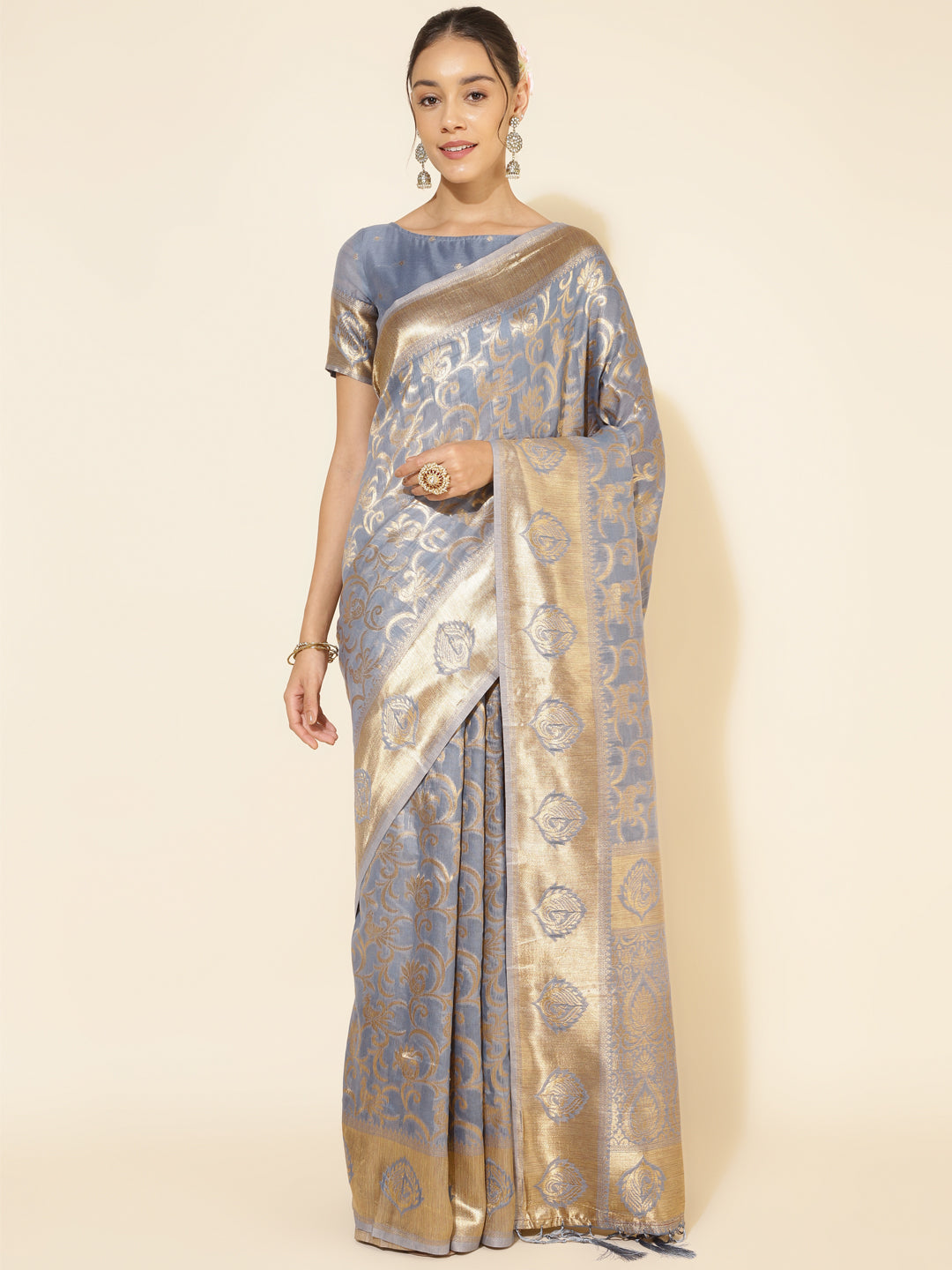Janasya Grey Chanderi Silk Woven Ethnic Motifs Chanderi Silk Saree | Swadesiicart
