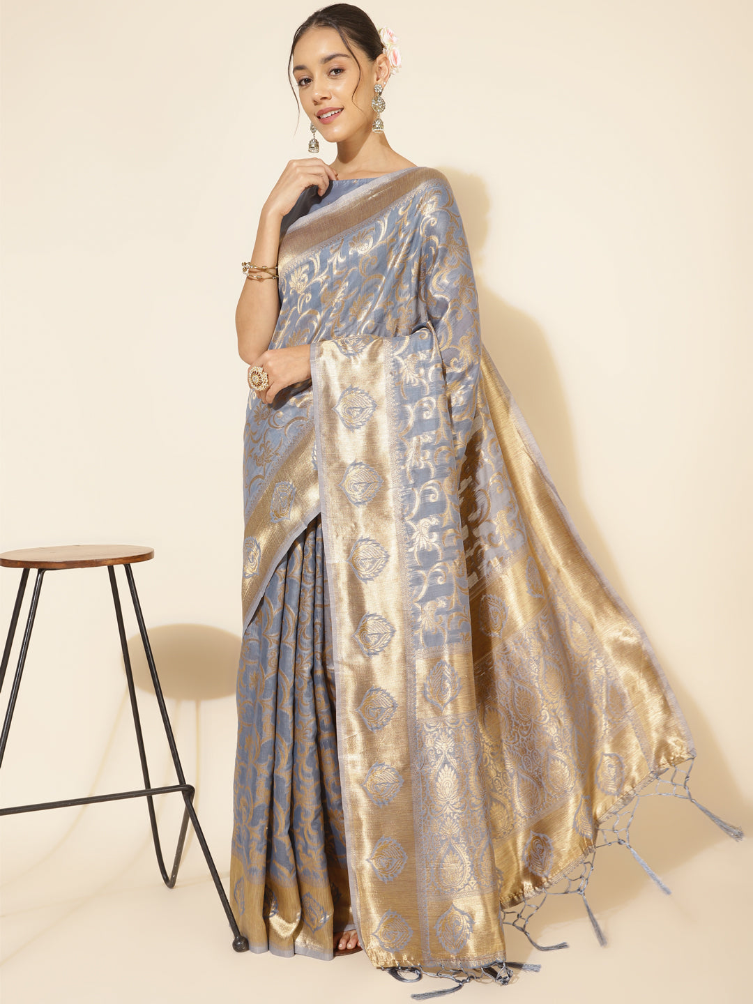 Janasya Grey Chanderi Silk Woven Ethnic Motifs Chanderi Silk Saree | Swadesiicart