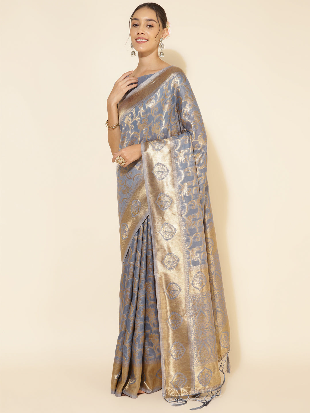 Janasya Grey Chanderi Silk Woven Ethnic Motifs Chanderi Silk Saree | Swadesiicart