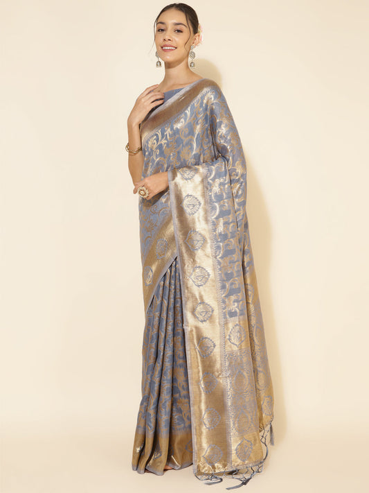 Janasya Grey Chanderi Silk Woven Ethnic Motifs Chanderi Silk Saree | Swadesiicart