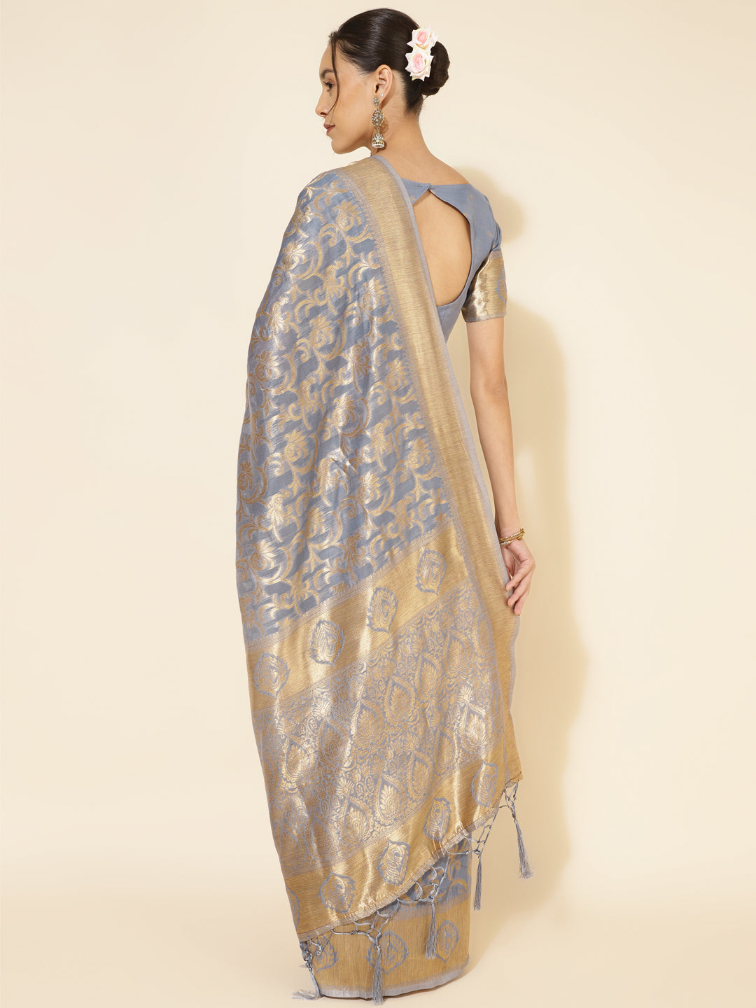 Janasya Grey Chanderi Silk Woven Ethnic Motifs Chanderi Silk Saree | Swadesiicart