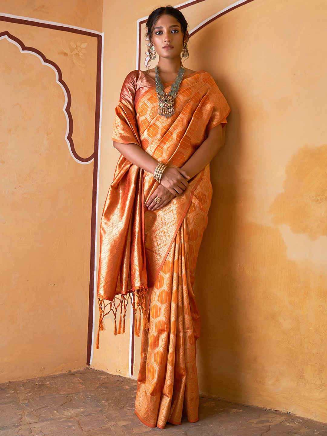 Janasya Yellow Organza Woven Ethnic Motifs Kanjeevaram Saree | Swadesiicart
