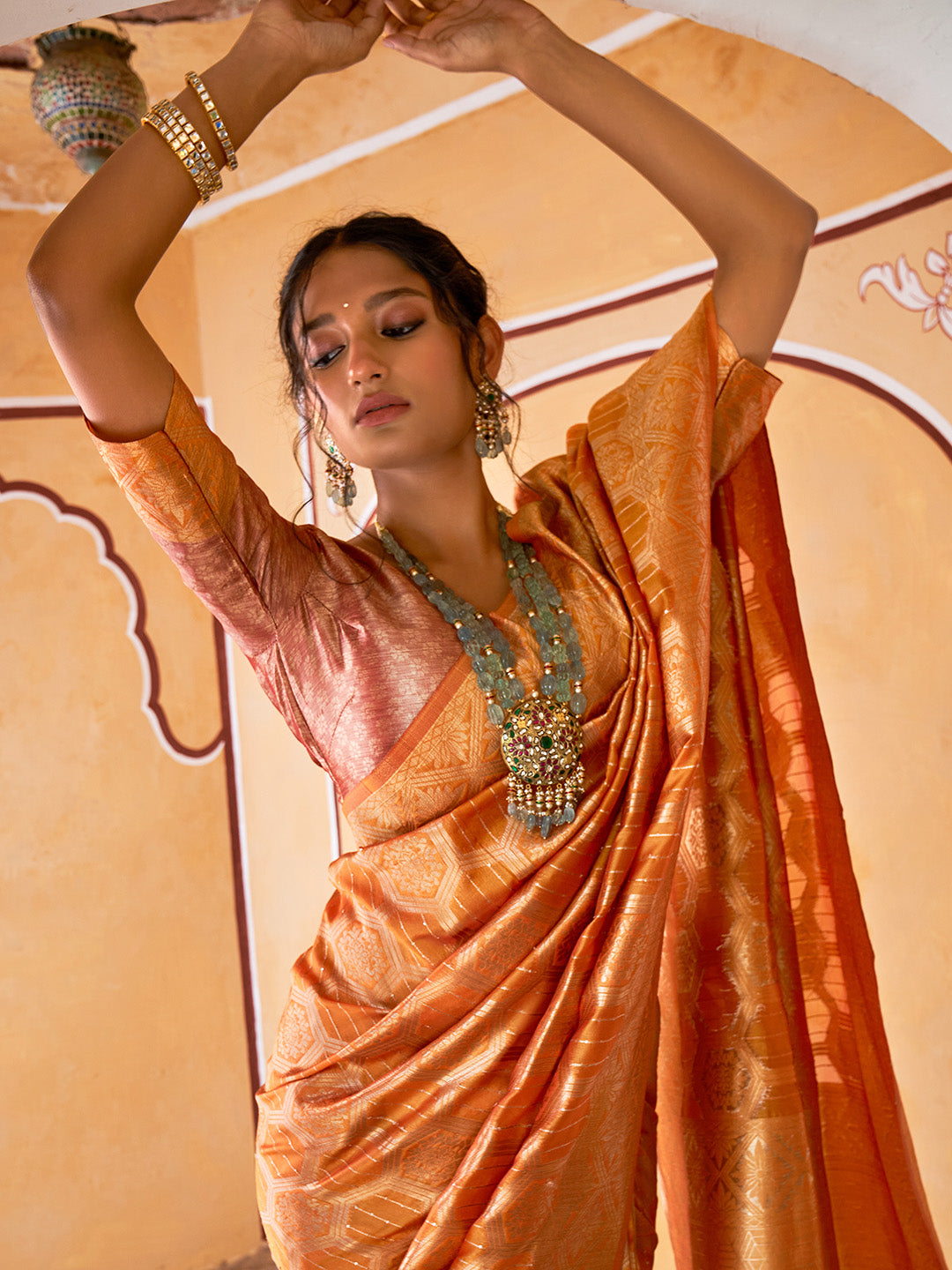Janasya Yellow Organza Woven Ethnic Motifs Kanjeevaram Saree | Swadesiicart