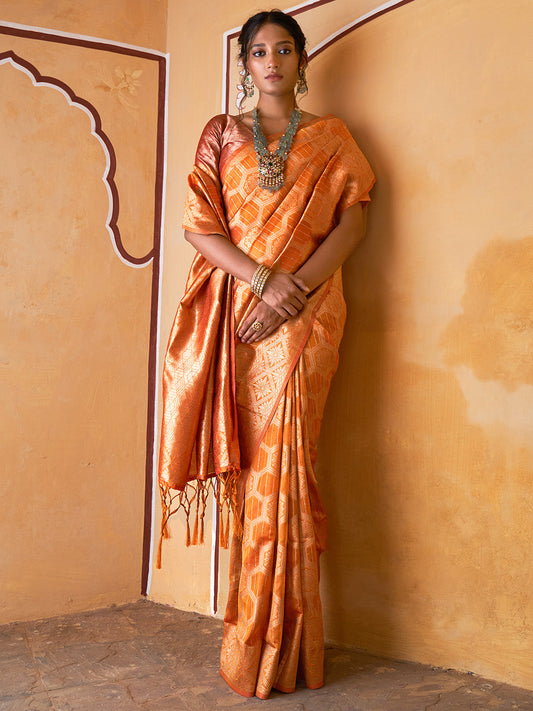 Janasya Yellow Organza Woven Ethnic Motifs Kanjeevaram Saree | Swadesiicart
