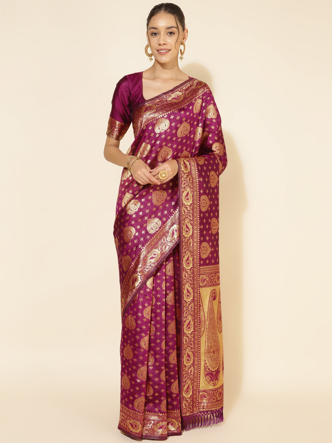 Janasya Wine Banarasi Silk Woven Ethnic Motifs Banarasi Silk Saree | Swadesiicart