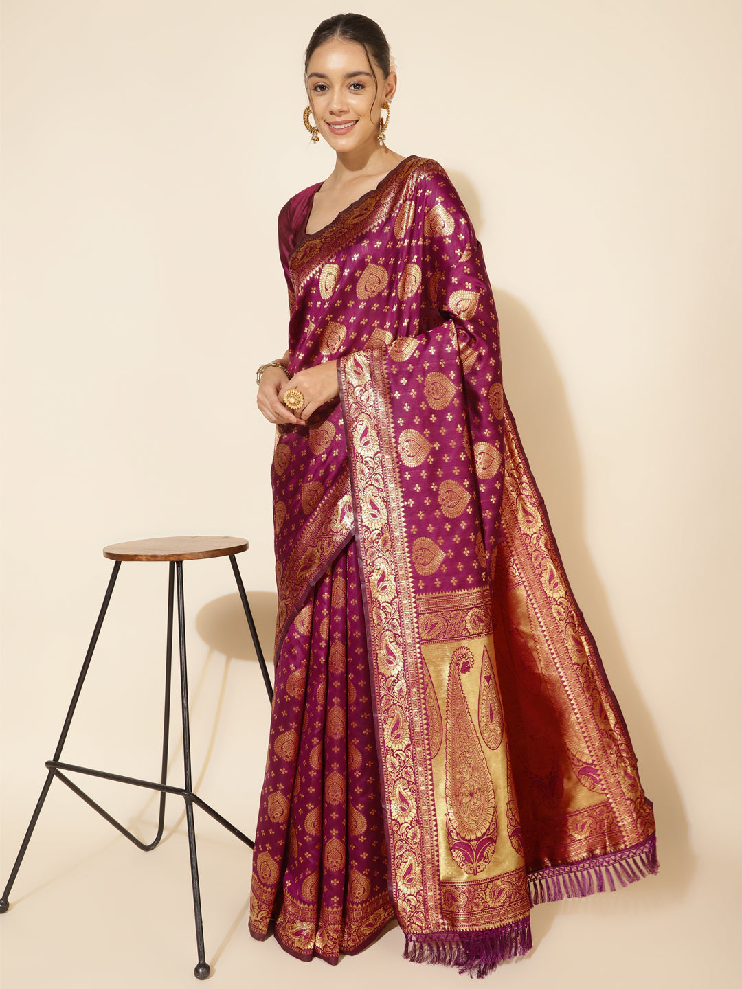 Janasya Wine Banarasi Silk Woven Ethnic Motifs Banarasi Silk Saree | Swadesiicart