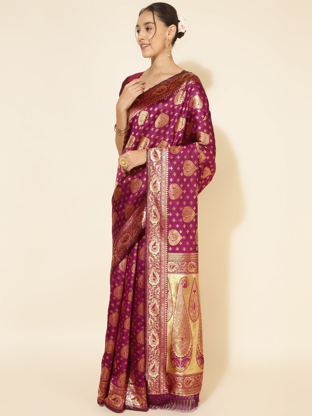 Janasya Wine Banarasi Silk Woven Ethnic Motifs Banarasi Silk Saree | Swadesiicart