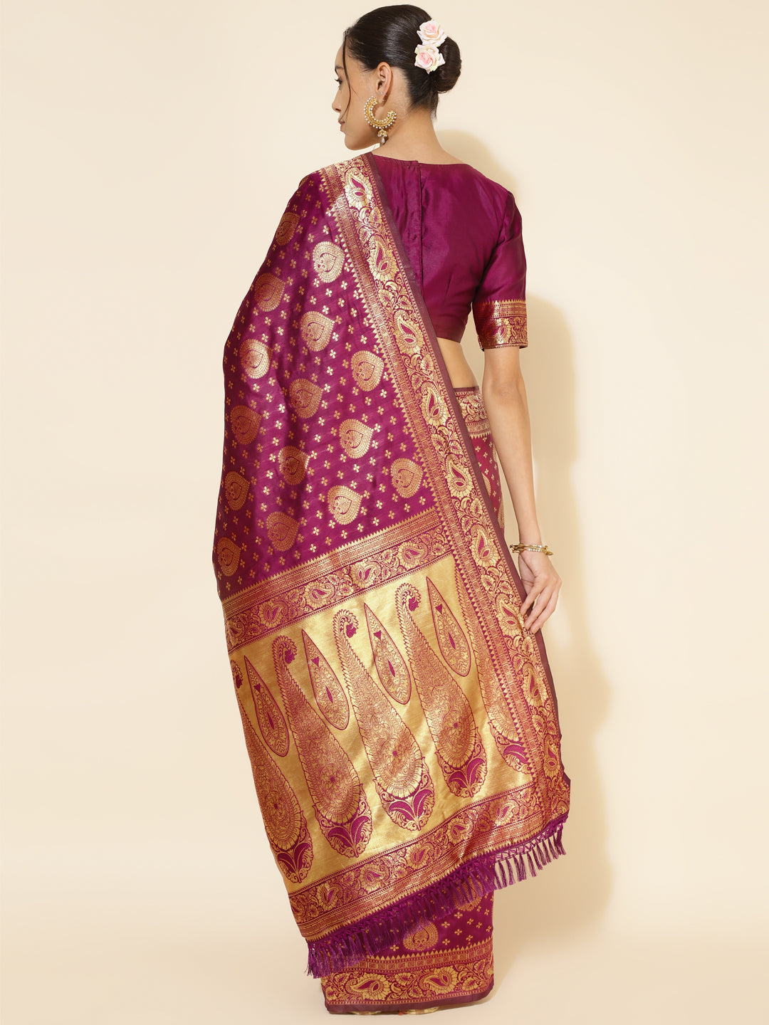 Janasya Wine Banarasi Silk Woven Ethnic Motifs Banarasi Silk Saree | Swadesiicart