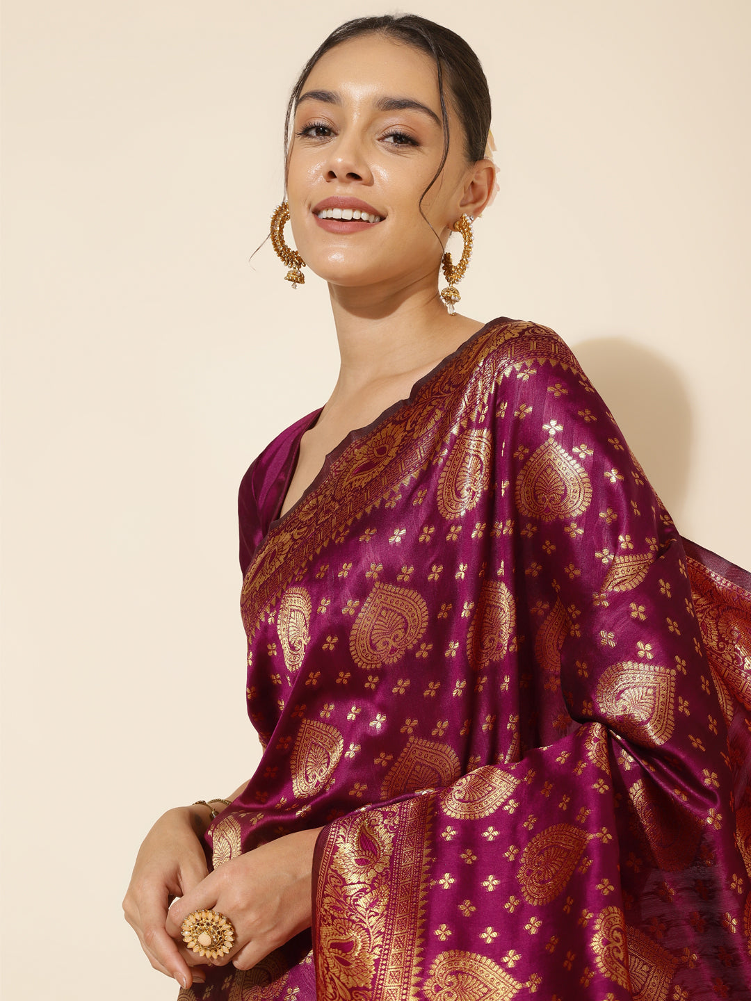 Janasya Wine Banarasi Silk Woven Ethnic Motifs Banarasi Silk Saree | Swadesiicart
