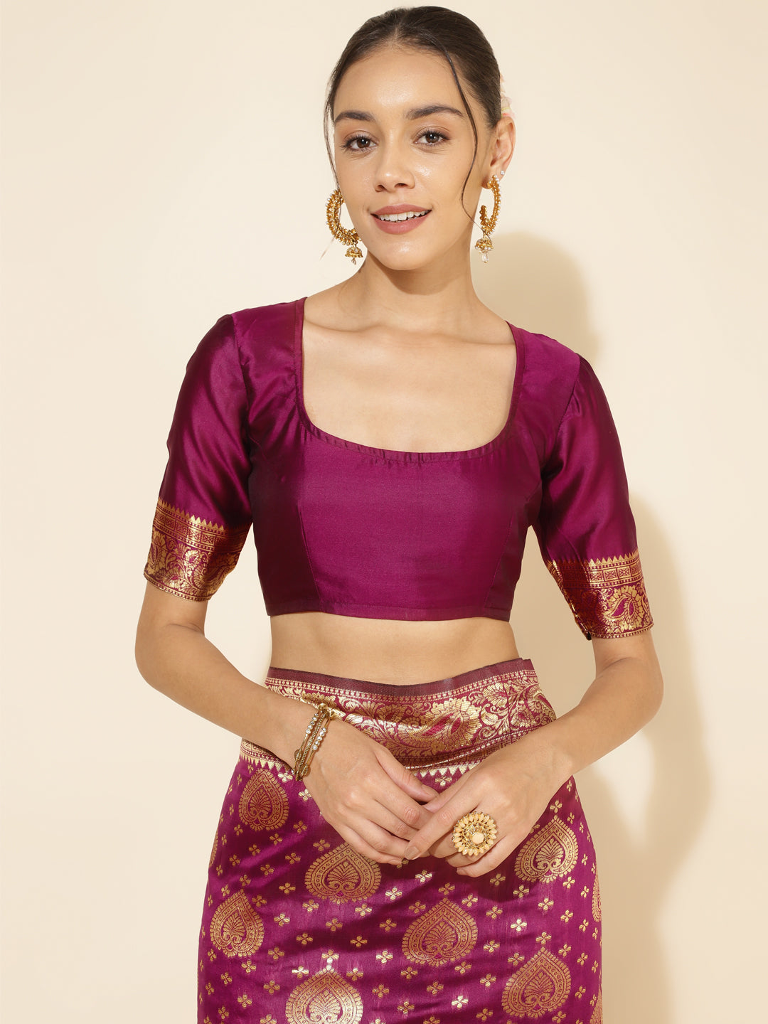 Janasya Wine Banarasi Silk Woven Ethnic Motifs Banarasi Silk Saree | Swadesiicart