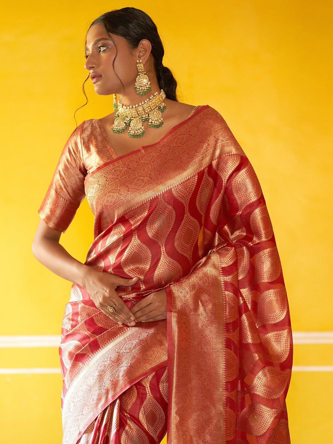 Janasya Red Organza Woven Ethnic Motifs Kanjeevaram Saree | Swadesiicart
