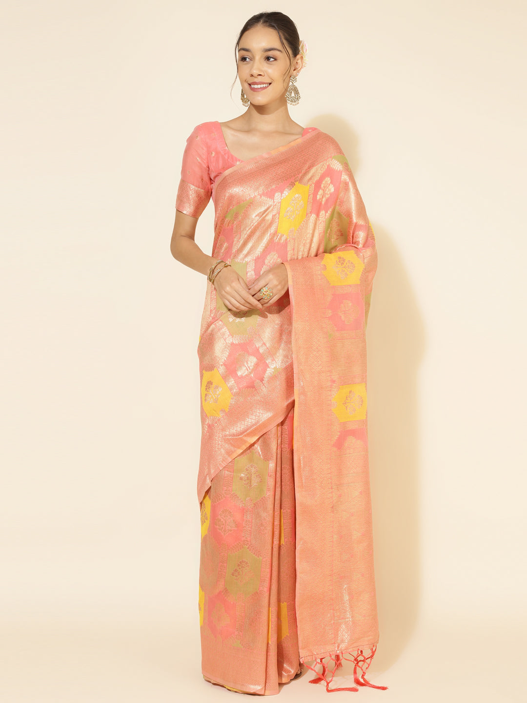 Janasya Peach Chanderi Silk Ethnic Motifs Woven Design Saree | Swadesiicart