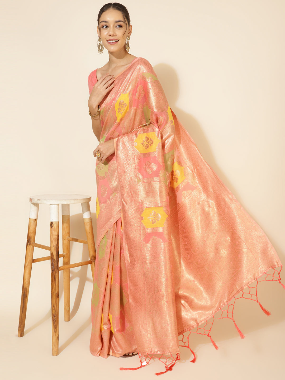 Janasya Peach Chanderi Silk Ethnic Motifs Woven Design Saree | Swadesiicart