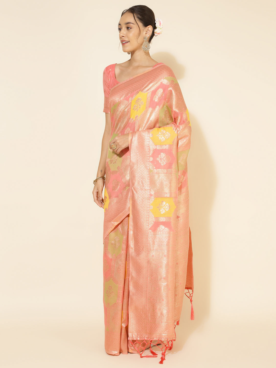 Janasya Peach Chanderi Silk Ethnic Motifs Woven Design Saree | Swadesiicart