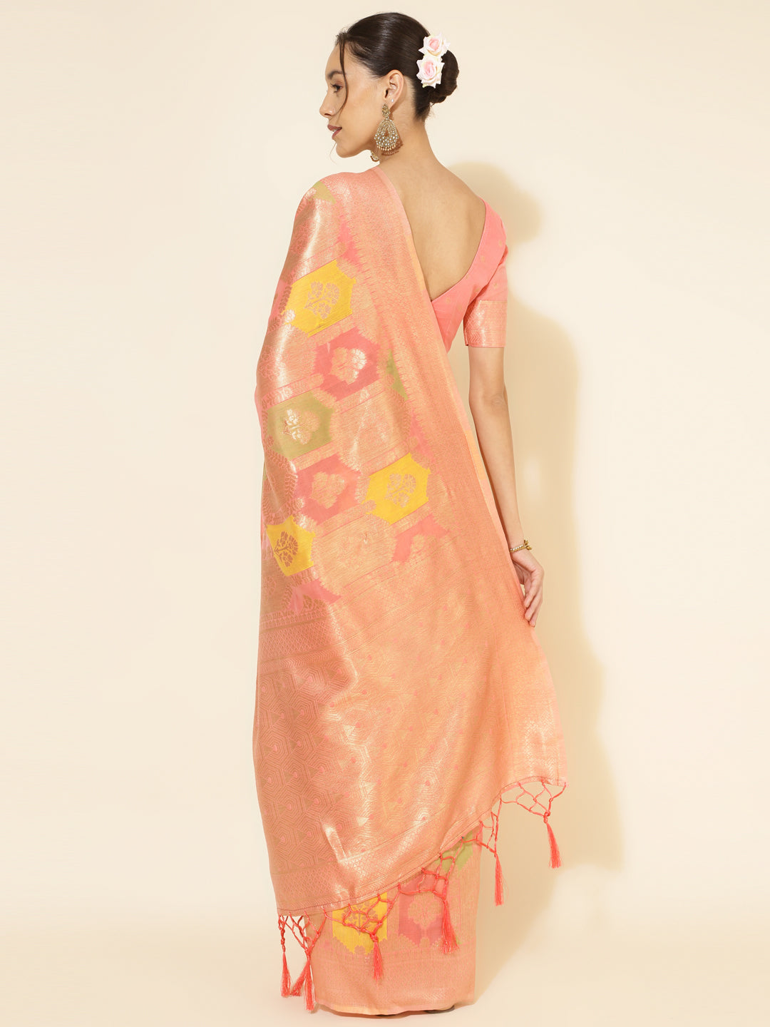Janasya Peach Chanderi Silk Ethnic Motifs Woven Design Saree | Swadesiicart