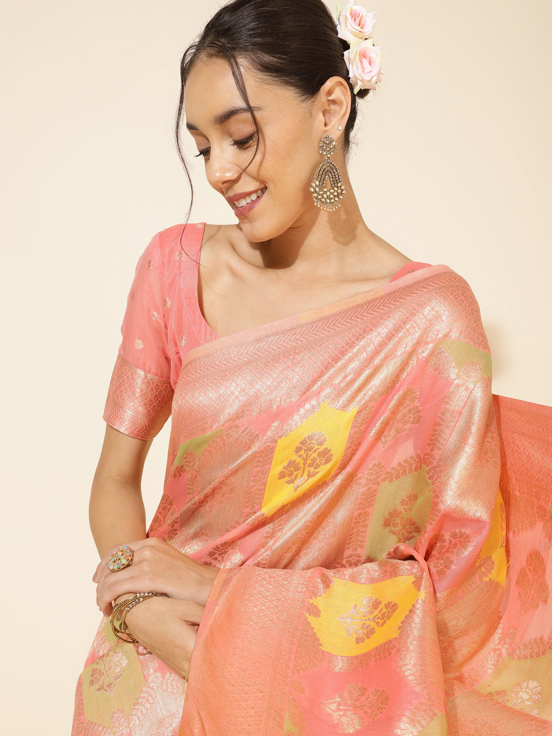 Janasya Peach Chanderi Silk Ethnic Motifs Woven Design Saree | Swadesiicart