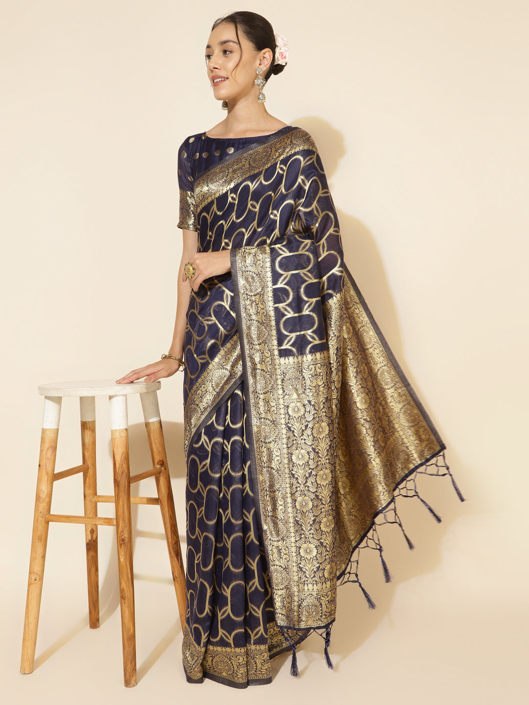 Janasya Navy Blue Chanderi Silk Woven Geometric Chanderi Silk Saree | Swadesiicart