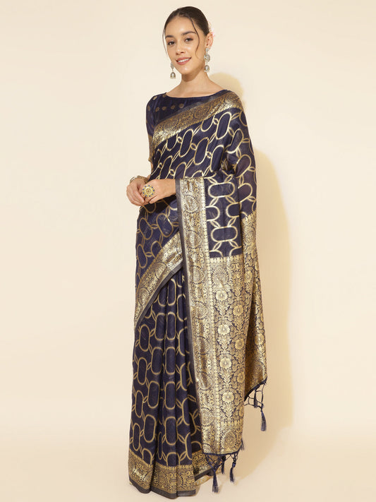 Janasya Navy Blue Chanderi Silk Woven Geometric Chanderi Silk Saree | Swadesiicart