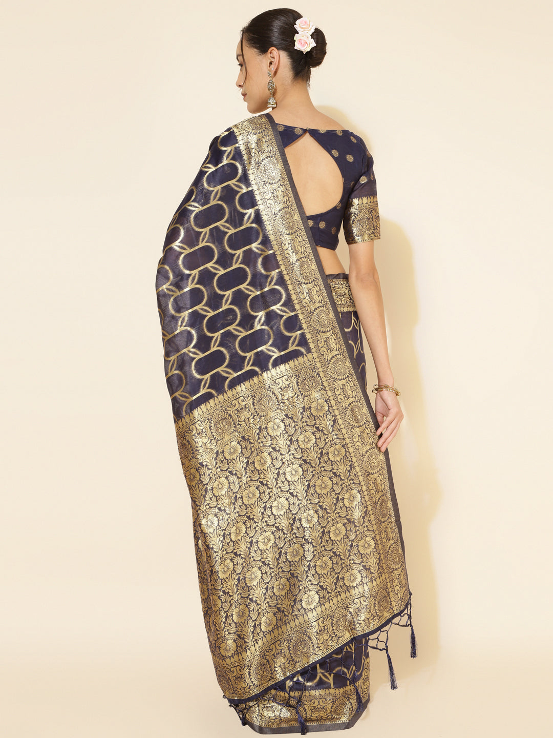 Janasya Navy Blue Chanderi Silk Woven Geometric Chanderi Silk Saree | Swadesiicart