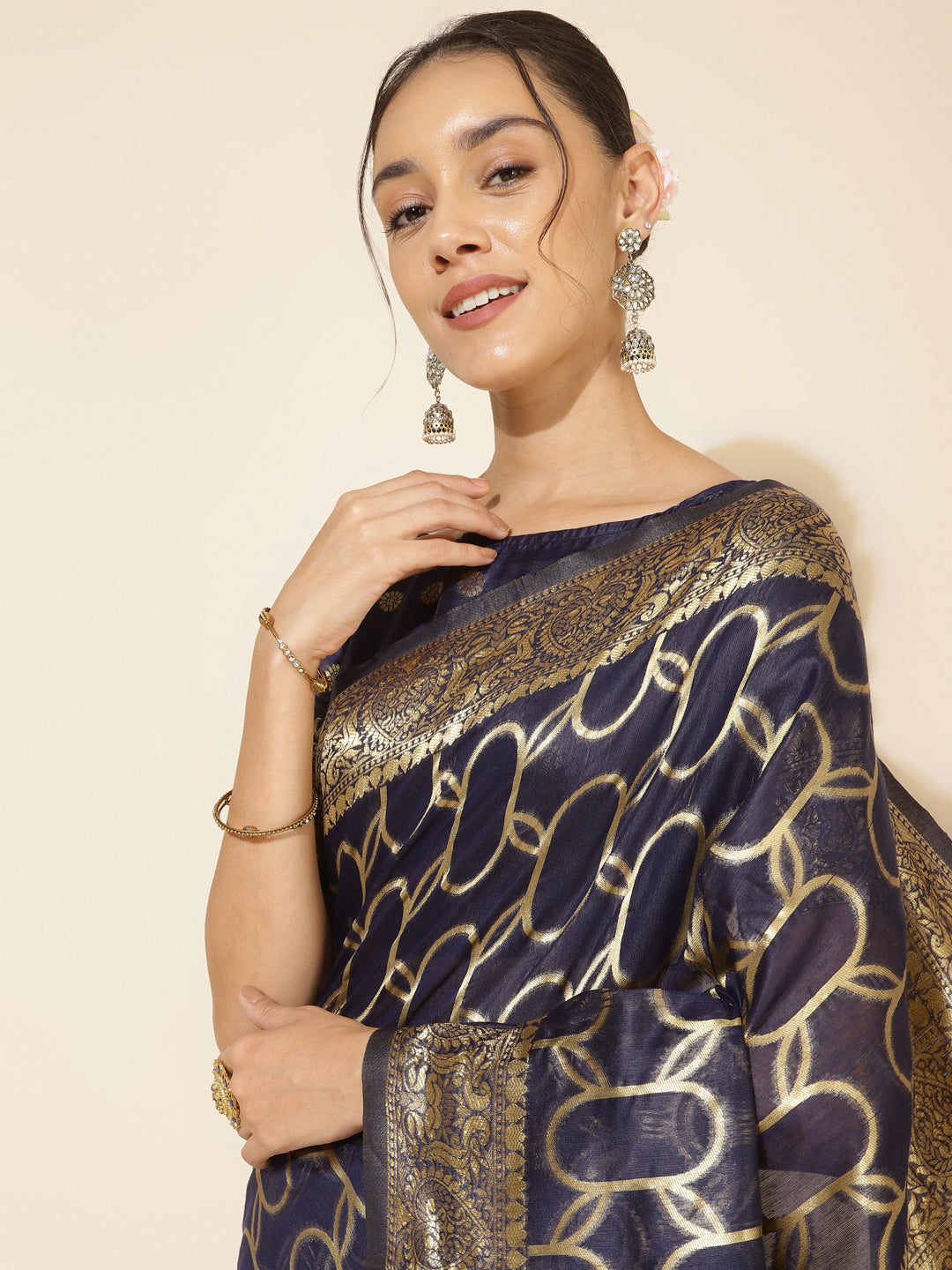 Janasya Navy Blue Chanderi Silk Woven Geometric Chanderi Silk Saree | Swadesiicart