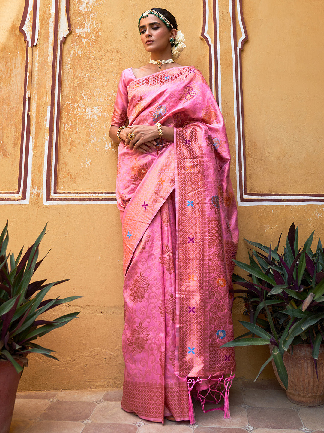 Janasya Light Pink Chanderi Silk Woven Jaal Motif Woven Design Saree | Swadesiicart