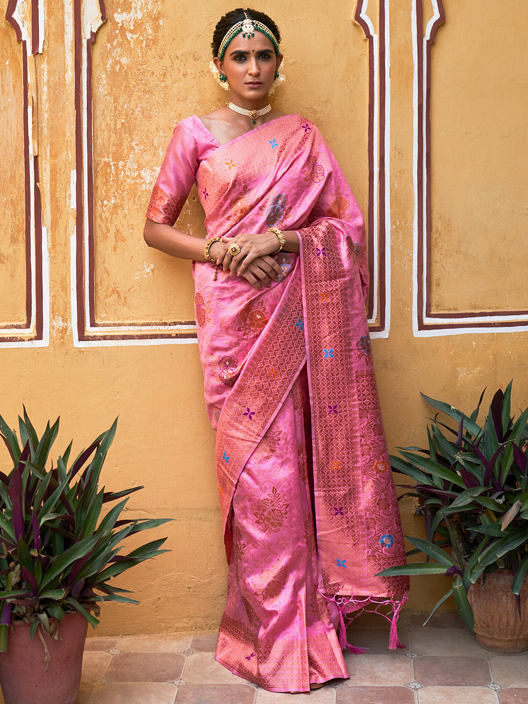 Janasya Light Pink Chanderi Silk Woven Jaal Motif Woven Design Saree | Swadesiicart
