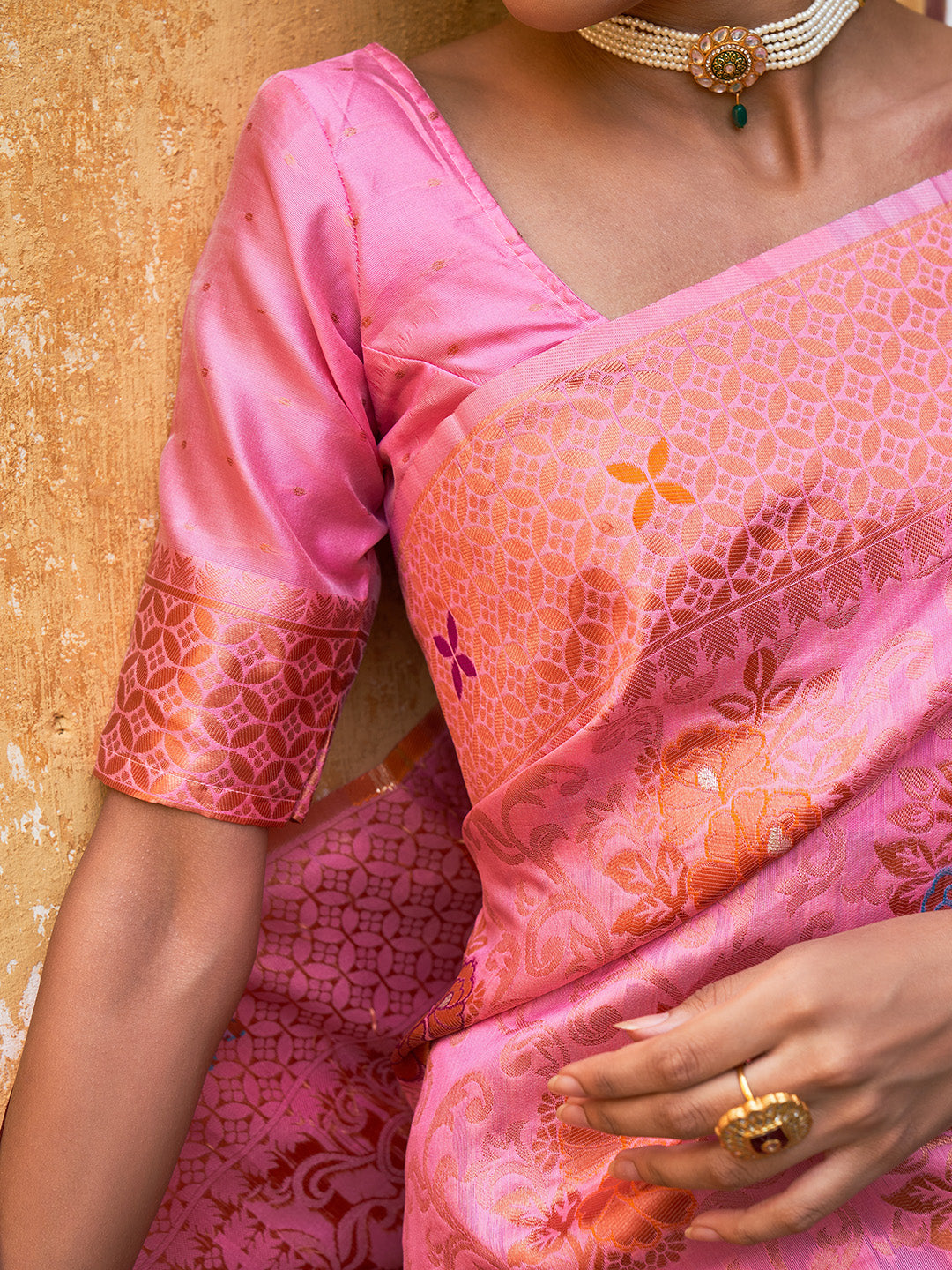 Janasya Light Pink Chanderi Silk Woven Jaal Motif Woven Design Saree | Swadesiicart