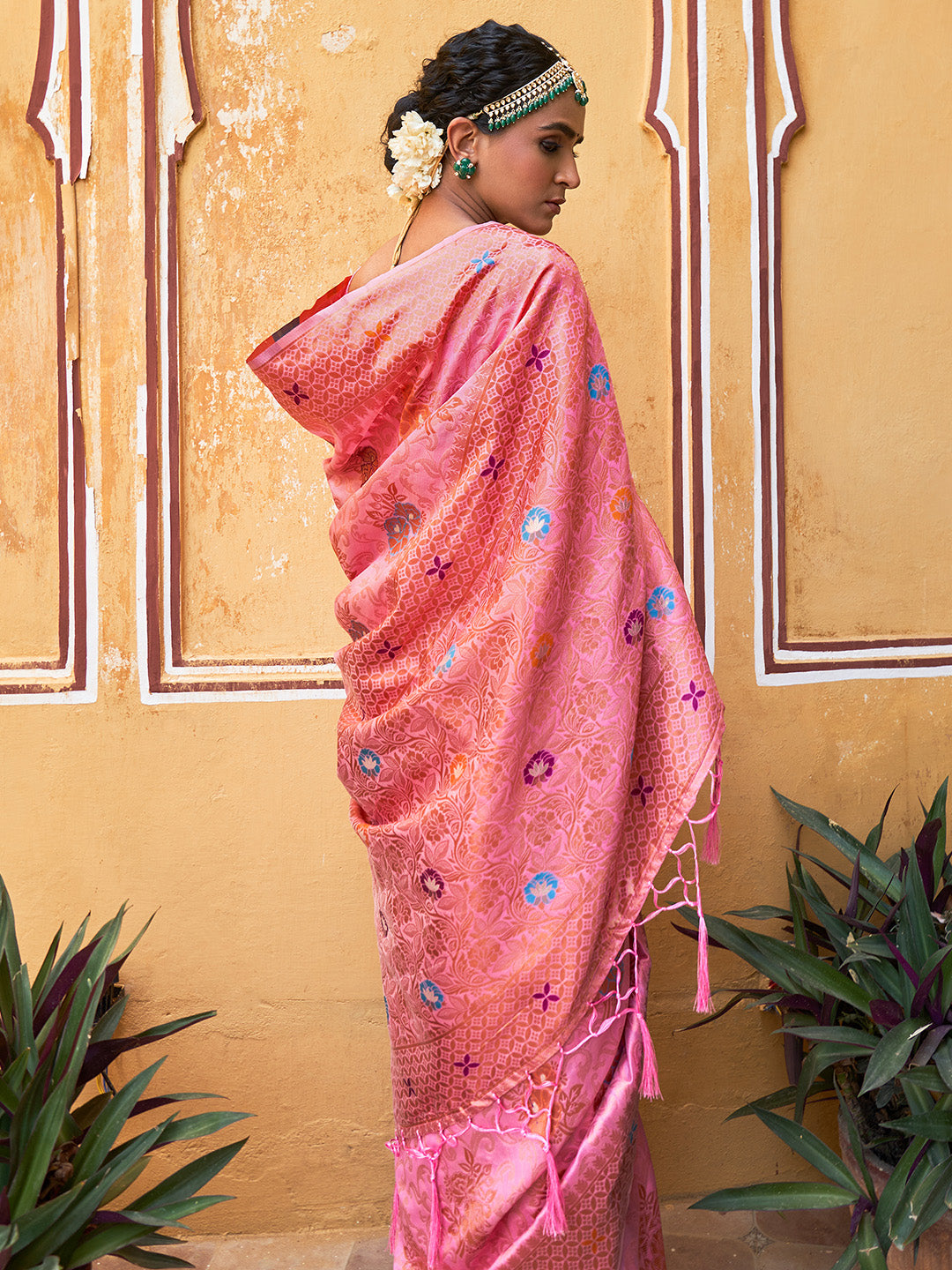 Janasya Light Pink Chanderi Silk Woven Jaal Motif Woven Design Saree | Swadesiicart