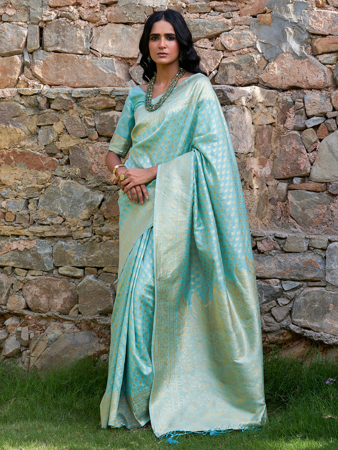Janasya Sea Green Chanderi Silk Paisley Woven Design Saree | Swadesiicart
