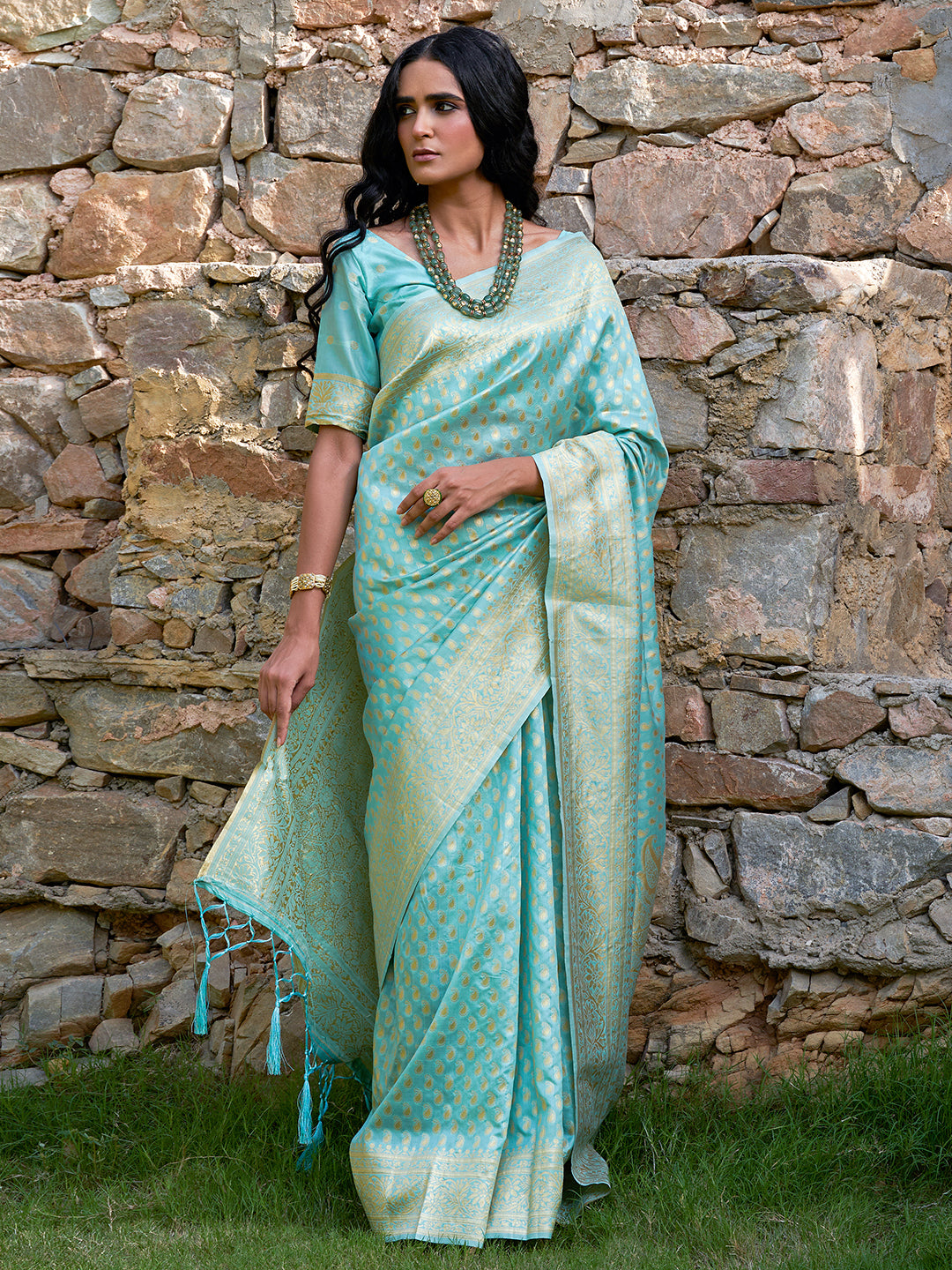 Janasya Sea Green Chanderi Silk Paisley Woven Design Saree | Swadesiicart