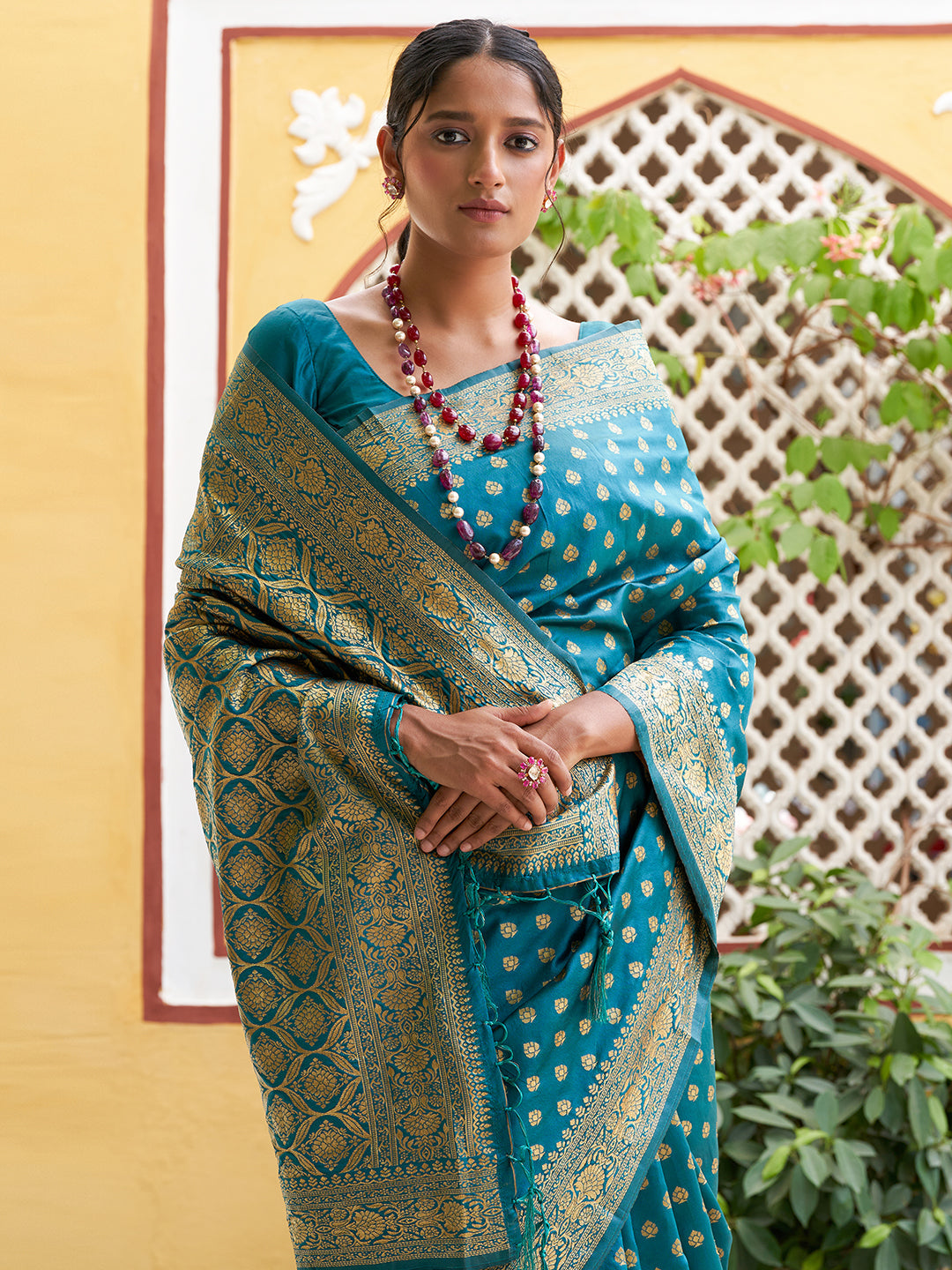 Janasya Teal Green Banarasi Silk Woven Ethnic Motifs Woven Design Saree | Swadesiicart