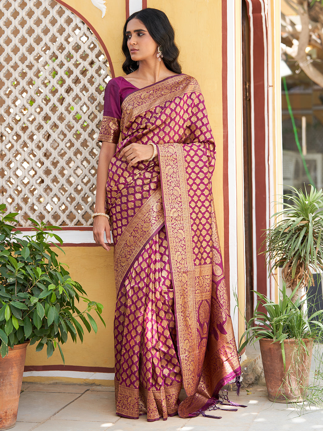 Janasya Wine Banarasi Silk Woven Ethnic Motifs Woven Design Saree | Swadesiicart