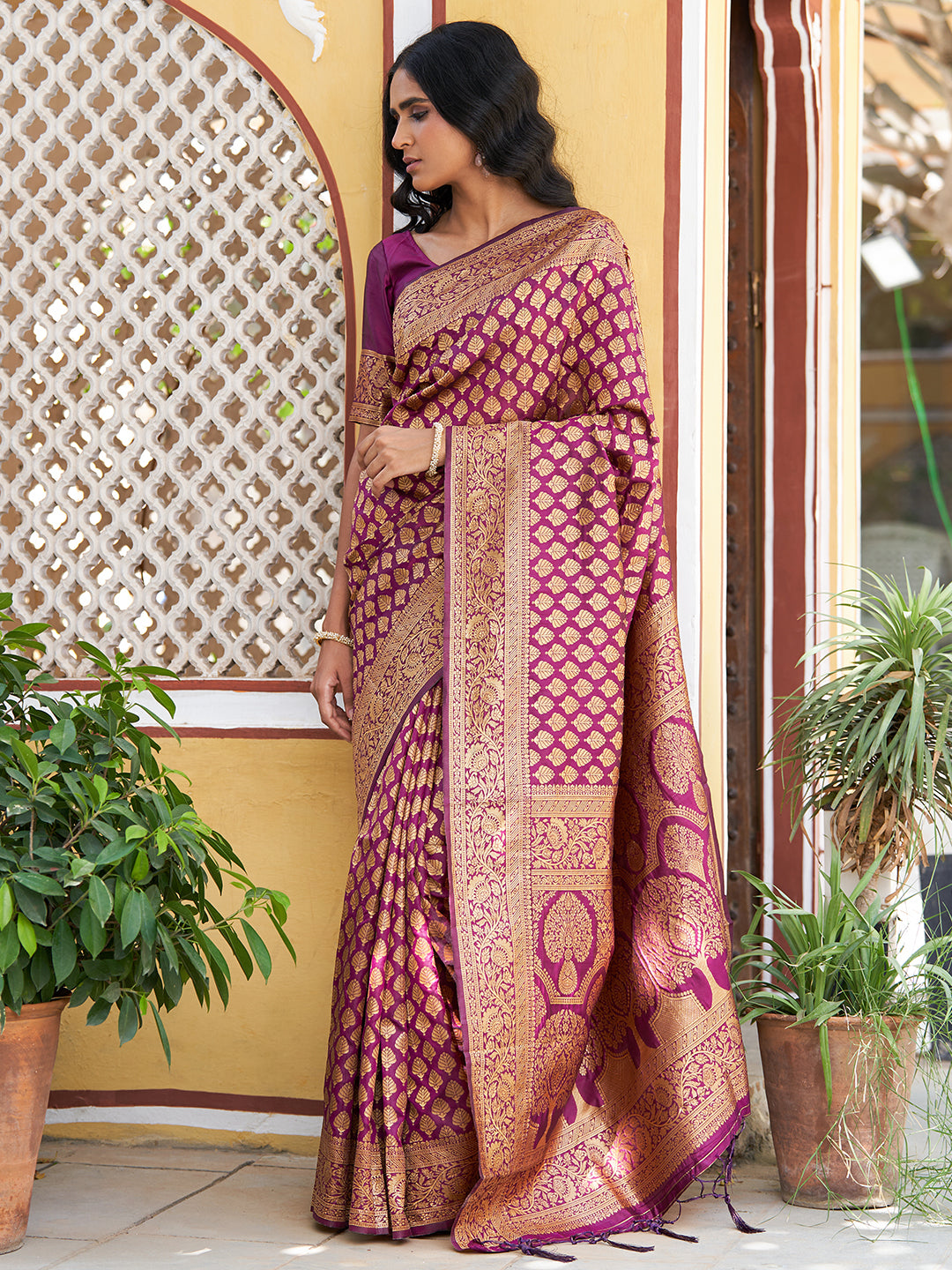 Janasya Wine Banarasi Silk Woven Ethnic Motifs Woven Design Saree | Swadesiicart