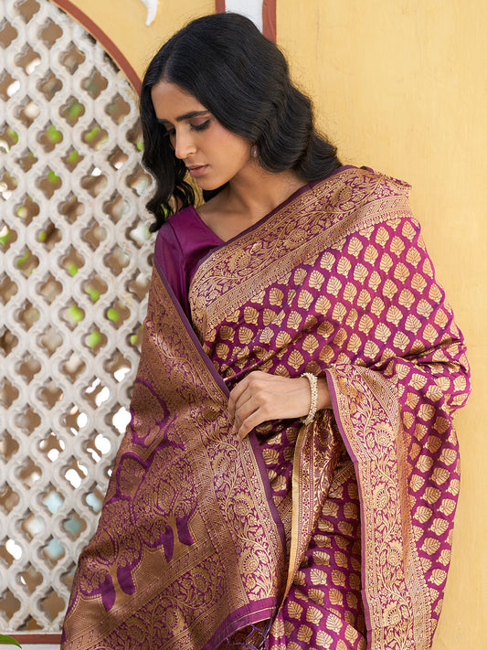 Janasya Wine Banarasi Silk Woven Ethnic Motifs Woven Design Saree | Swadesiicart