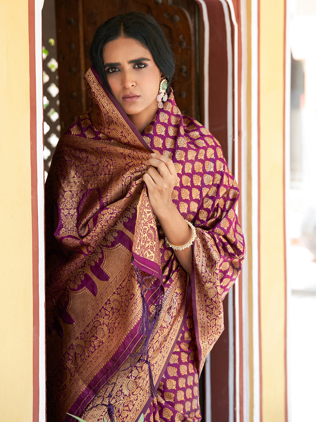 Janasya Wine Banarasi Silk Woven Ethnic Motifs Woven Design Saree | Swadesiicart