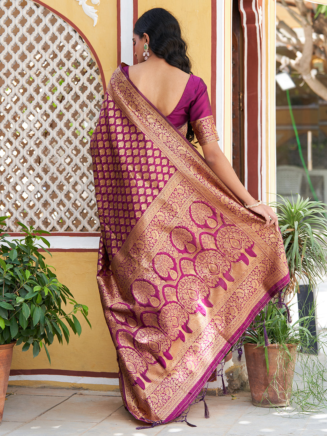 Janasya Wine Banarasi Silk Woven Ethnic Motifs Woven Design Saree | Swadesiicart