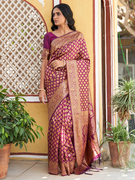 Janasya Wine Banarasi Silk Woven Ethnic Motifs Woven Design Saree | Swadesiicart