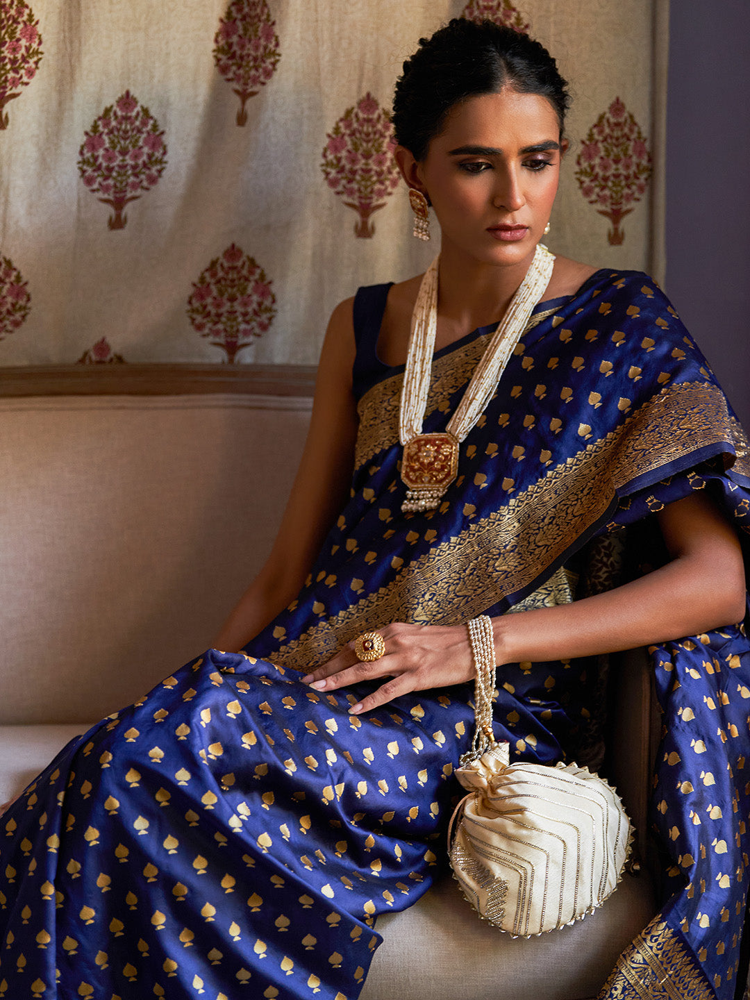 Janasya Navy Blue Banarasi Silk Ethnic Motifs Woven Design Saree | Swadesiicart