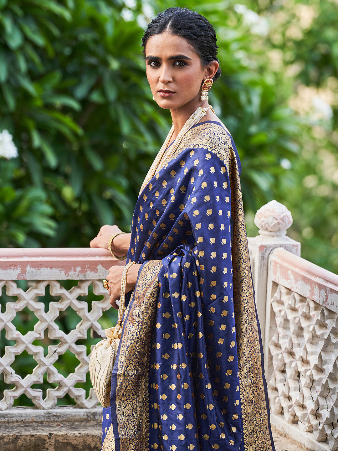 Janasya Navy Blue Banarasi Silk Ethnic Motifs Woven Design Saree | Swadesiicart