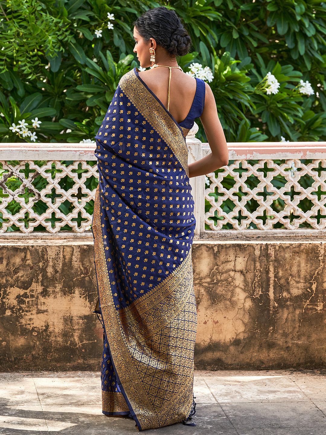 Janasya Navy Blue Banarasi Silk Ethnic Motifs Woven Design Saree | Swadesiicart