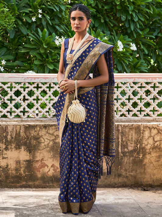 Janasya Navy Blue Banarasi Silk Ethnic Motifs Woven Design Saree | Swadesiicart