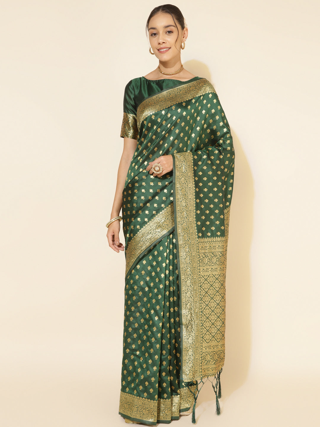 Janasya Green Banarasi Silk Ethnic Motifs Woven Design Saree | Swadesiicart